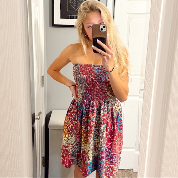 Cynthia Mehra Y2K Aztec Colorful Summer Strapless Dress - Picture 1 of 5